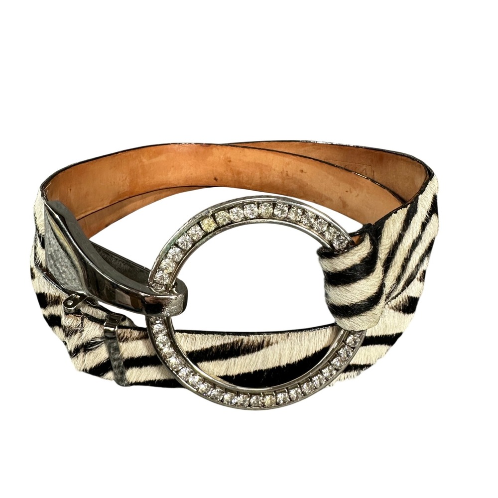 WCM Zebra Print Calf Hair Belt Rhinestone O-Ring Buckle Silver Tone Tip 42 Inch